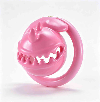Pink Monster Mouth chastity cage from an angled view