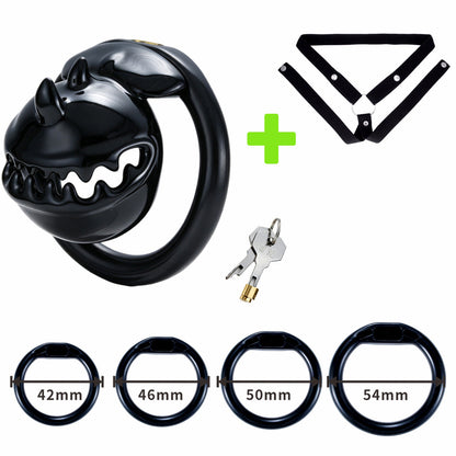 Black Monster Mouth chastity cage set with matching black belt