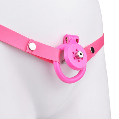 Discreet Flat Chastity Cage with Metal Catheter and Nylon Belt - Pink