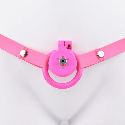 Discreet Flat Chastity Cage with Metal Catheter and Nylon Belt - Pink