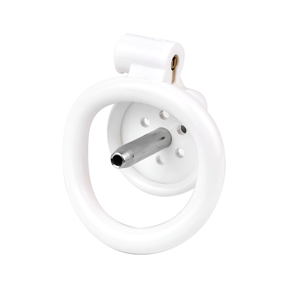 Discreet Flat Chastity Cage with Metal Catheter and Nylon Belt - White
