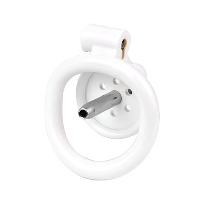 Discreet Flat Chastity Cage with Metal Catheter and Nylon Belt - White
