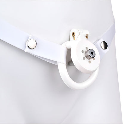 Discreet Flat Chastity Cage with Metal Catheter and Nylon Belt - White