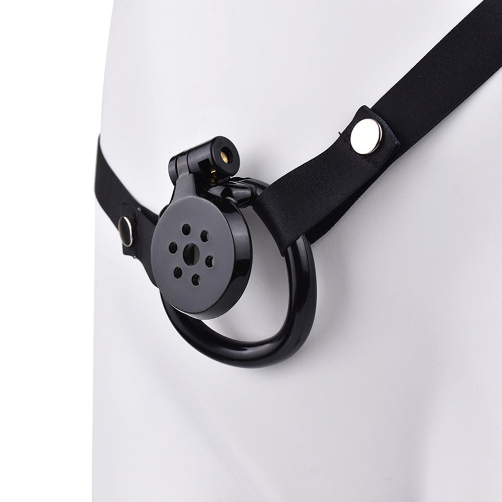 Discreet Flat Chastity Cage with Metal Catheter and Nylon Belt - Black