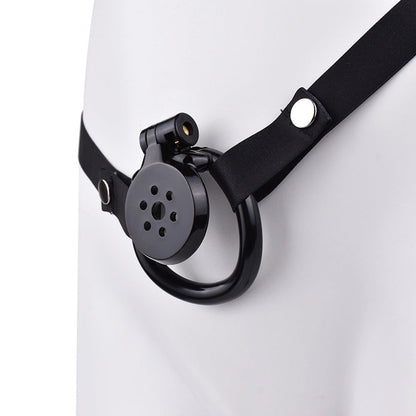 Discreet Flat Chastity Cage with Metal Catheter and Nylon Belt - Black