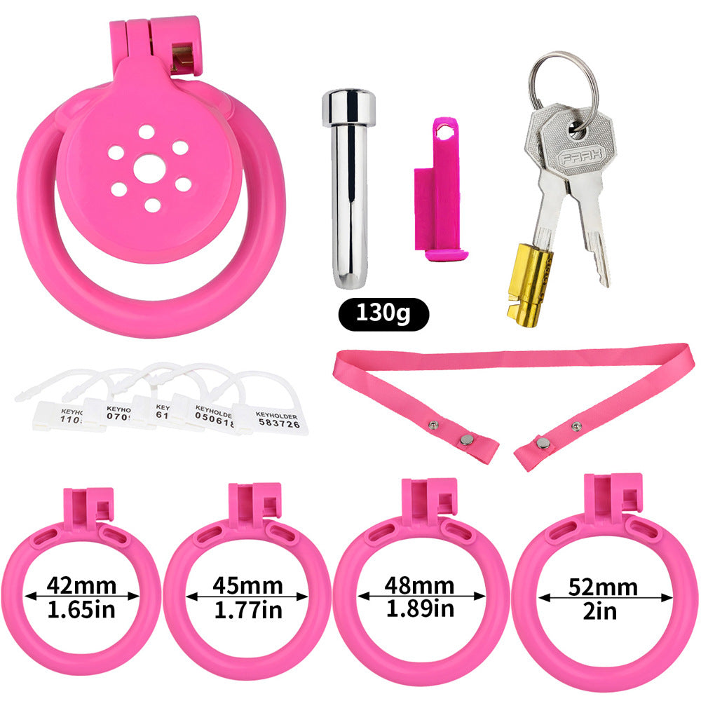 Discreet Flat Chastity Cage with Metal Catheter and Nylon Belt - Pink