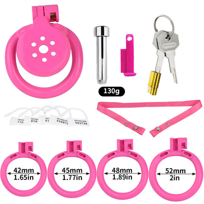 Discreet Flat Chastity Cage with Metal Catheter and Nylon Belt - Pink