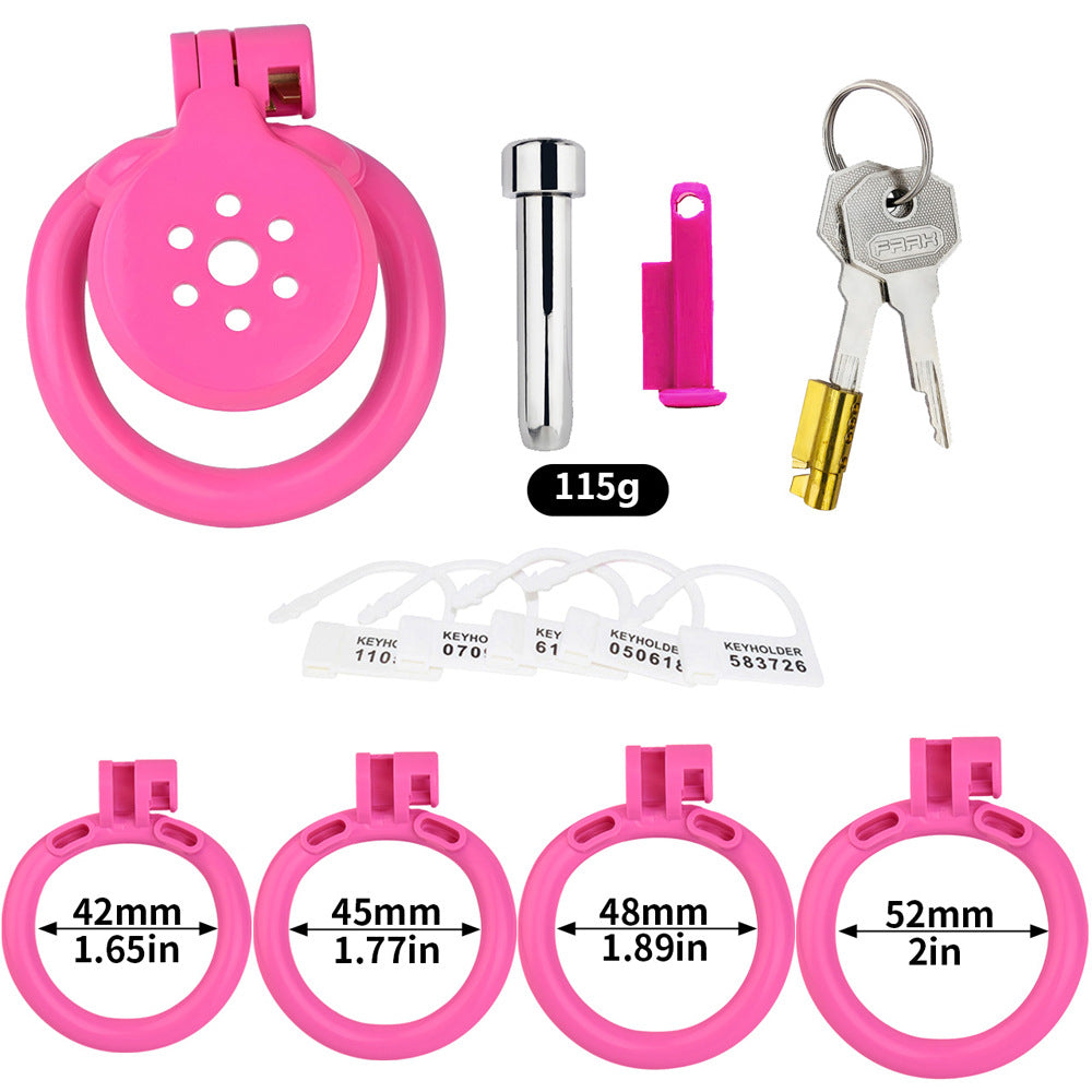 Discreet Flat Chastity Cage with Metal Catheter and Nylon Belt - Pink