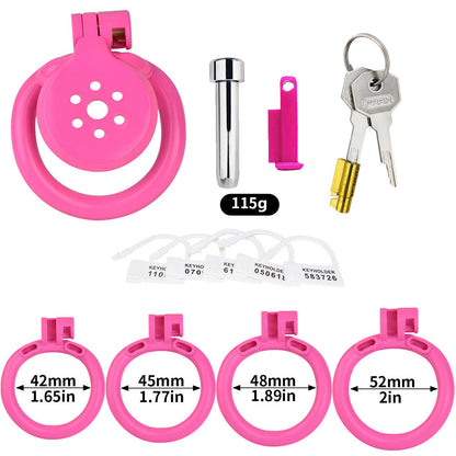 Discreet Flat Chastity Cage with Metal Catheter and Nylon Belt - Pink