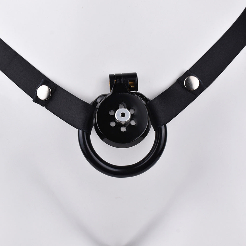 Discreet Flat Chastity Cage with Metal Catheter and Nylon Belt - Black