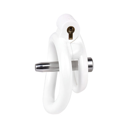Discreet Flat Chastity Cage with Metal Catheter and Nylon Belt - White
