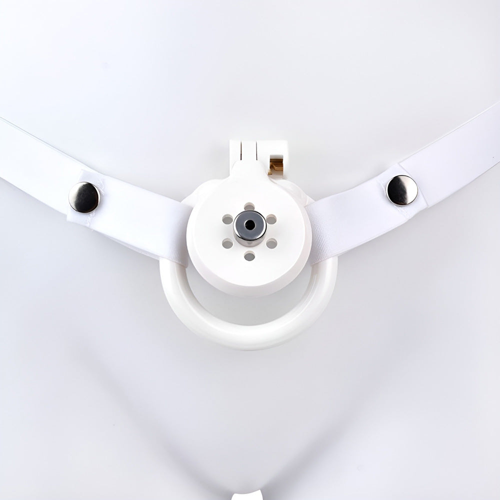 Discreet Flat Chastity Cage with Metal Catheter and Nylon Belt - White