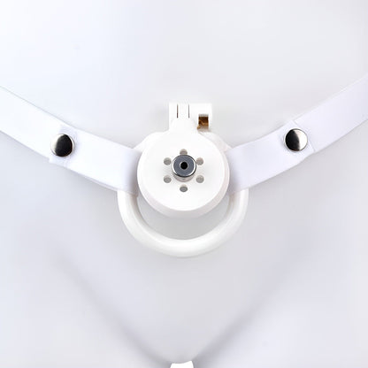 Discreet Flat Chastity Cage with Metal Catheter and Nylon Belt - White