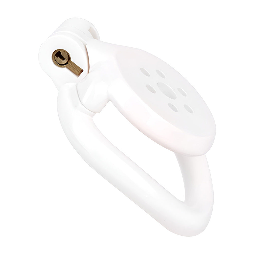 Discreet Flat Chastity Cage with Metal Catheter and Nylon Belt - White