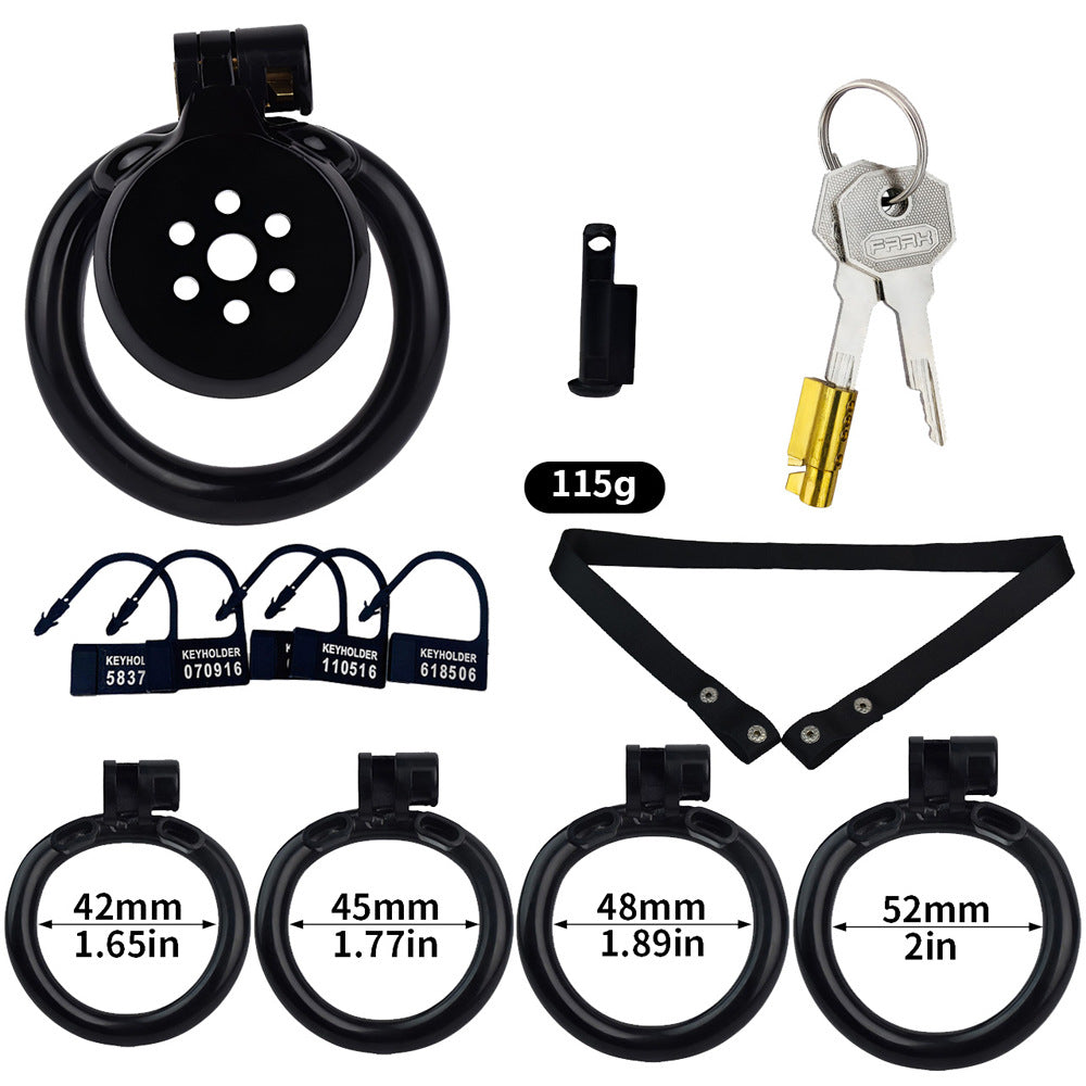 Discreet Flat Chastity Cage with Metal Catheter and Nylon Belt - Black