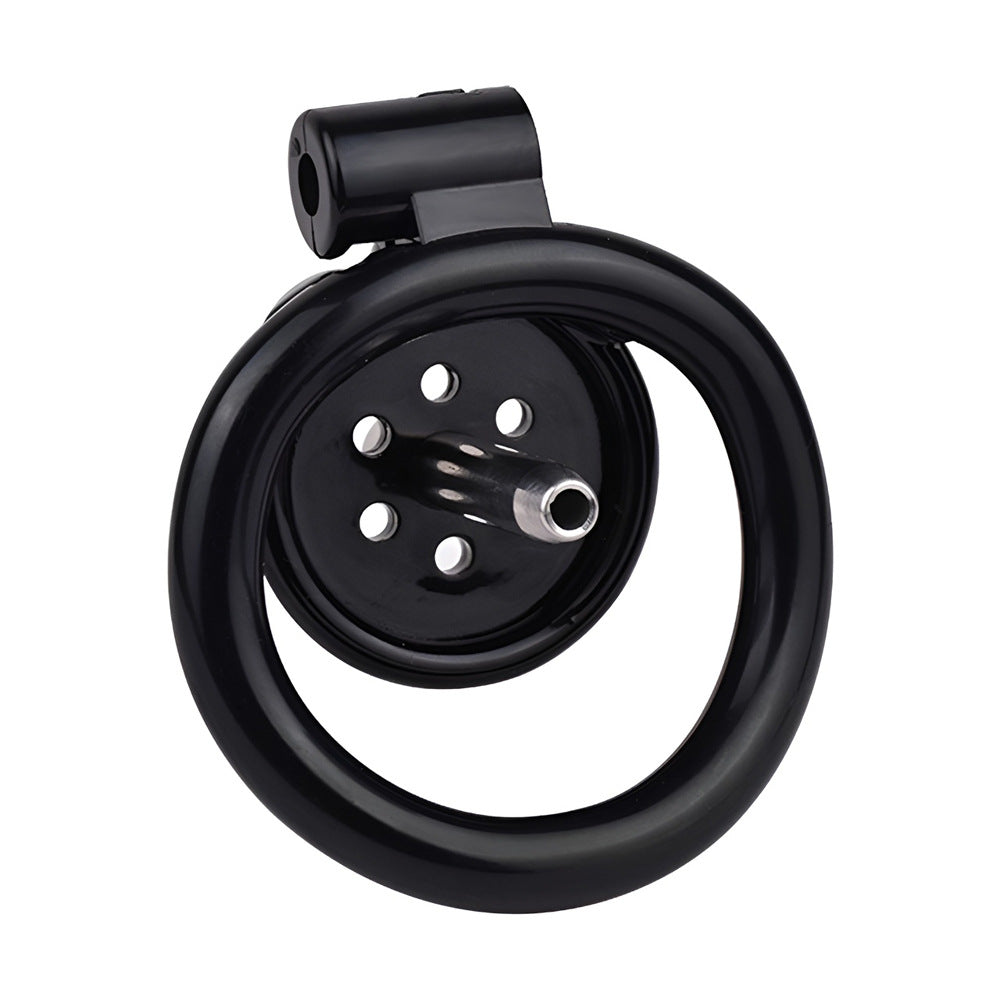 Discreet Flat Chastity Cage with Metal Catheter and Nylon Belt - Black