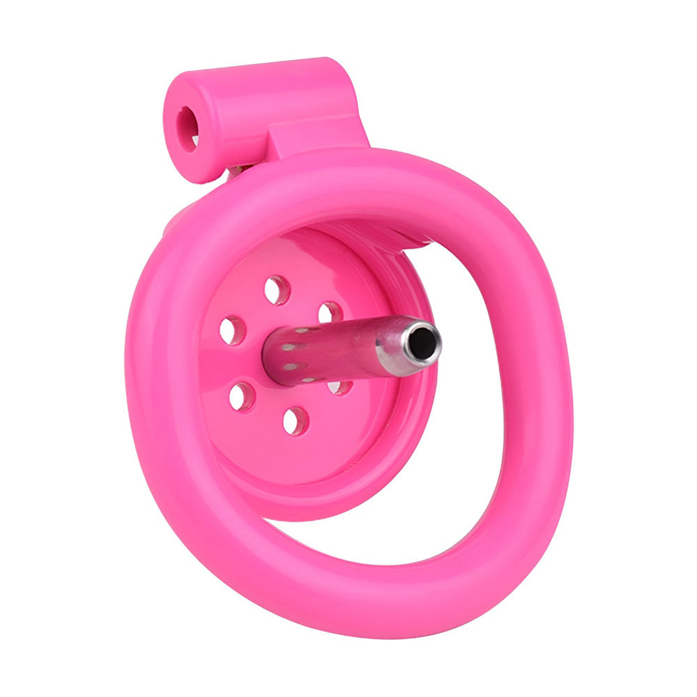 Discreet Flat Chastity Cage with Metal Catheter and Nylon Belt - Pink