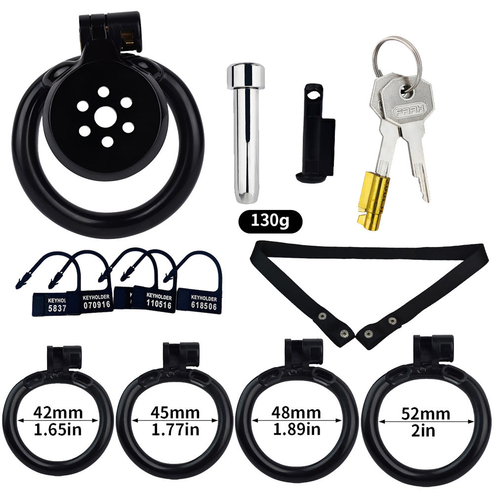 Discreet Flat Chastity Cage with Metal Catheter and Nylon Belt - Black