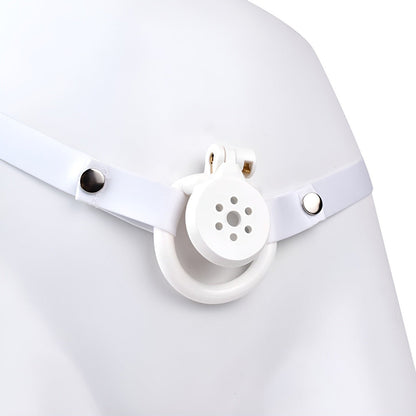Discreet Flat Chastity Cage with Metal Catheter and Nylon Belt - White