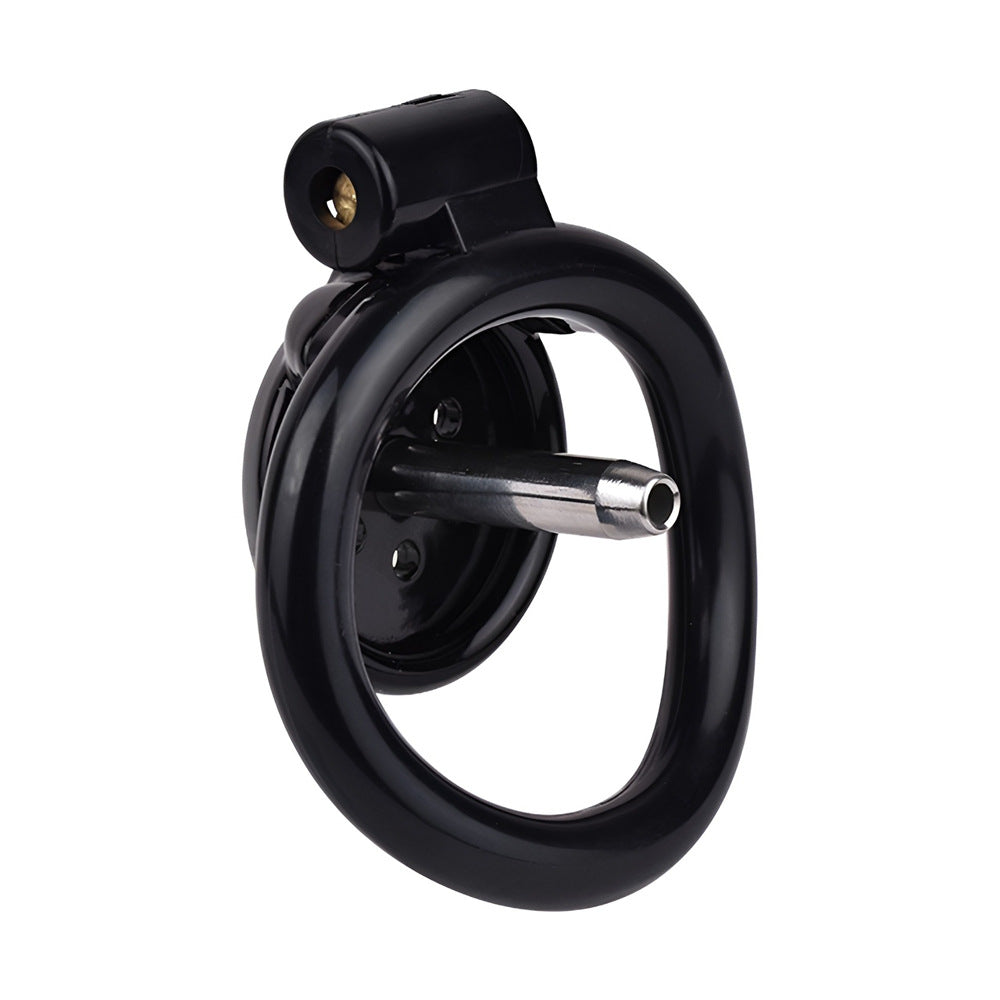 Discreet Flat Chastity Cage with Metal Catheter and Nylon Belt - Black