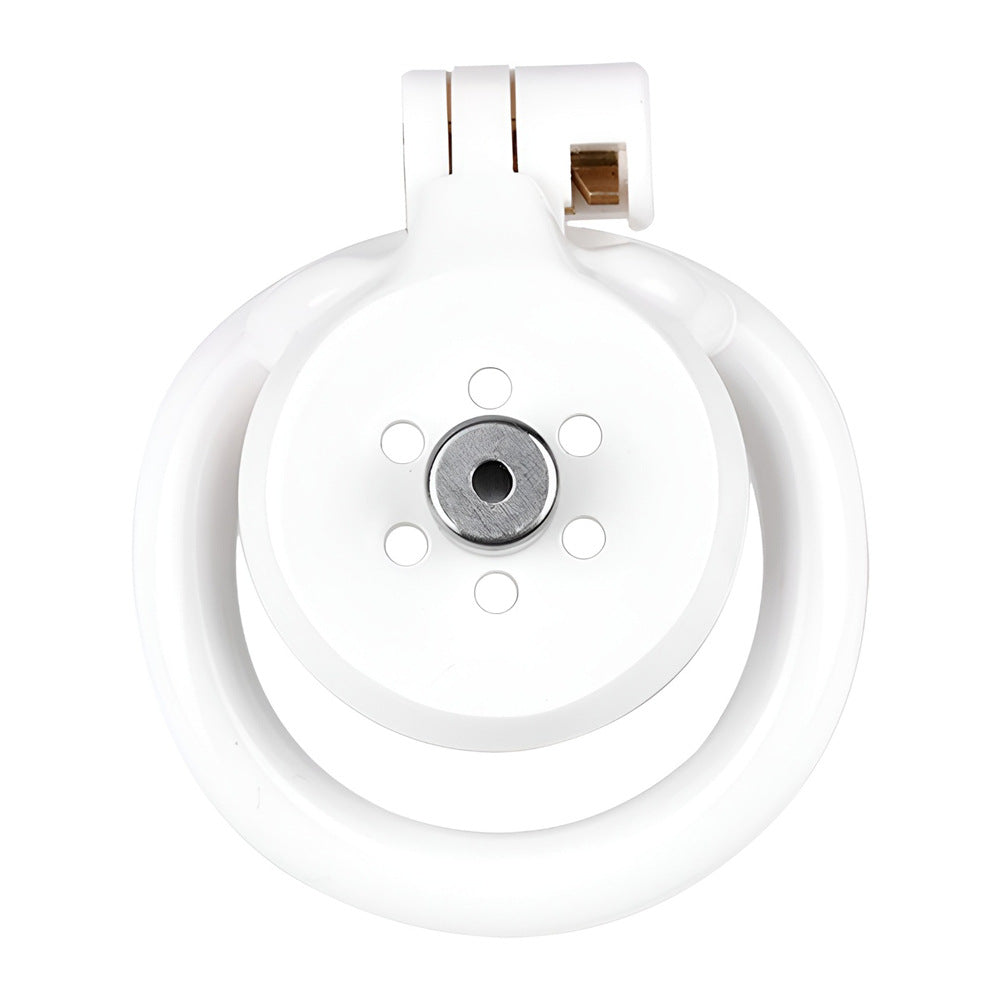 Discreet Flat Chastity Cage with Metal Catheter and Nylon Belt - White