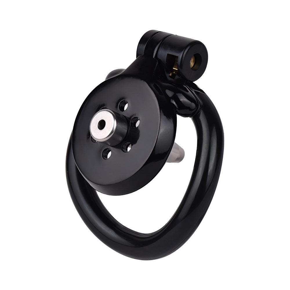Discreet Flat Chastity Cage with Metal Catheter and Nylon Belt - Black