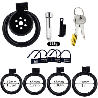 Discreet Flat Chastity Cage with Metal Catheter and Nylon Belt - Black
