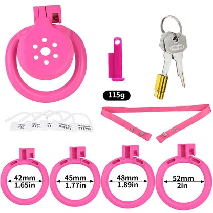 Discreet Flat Chastity Cage with Metal Catheter and Nylon Belt - Pink