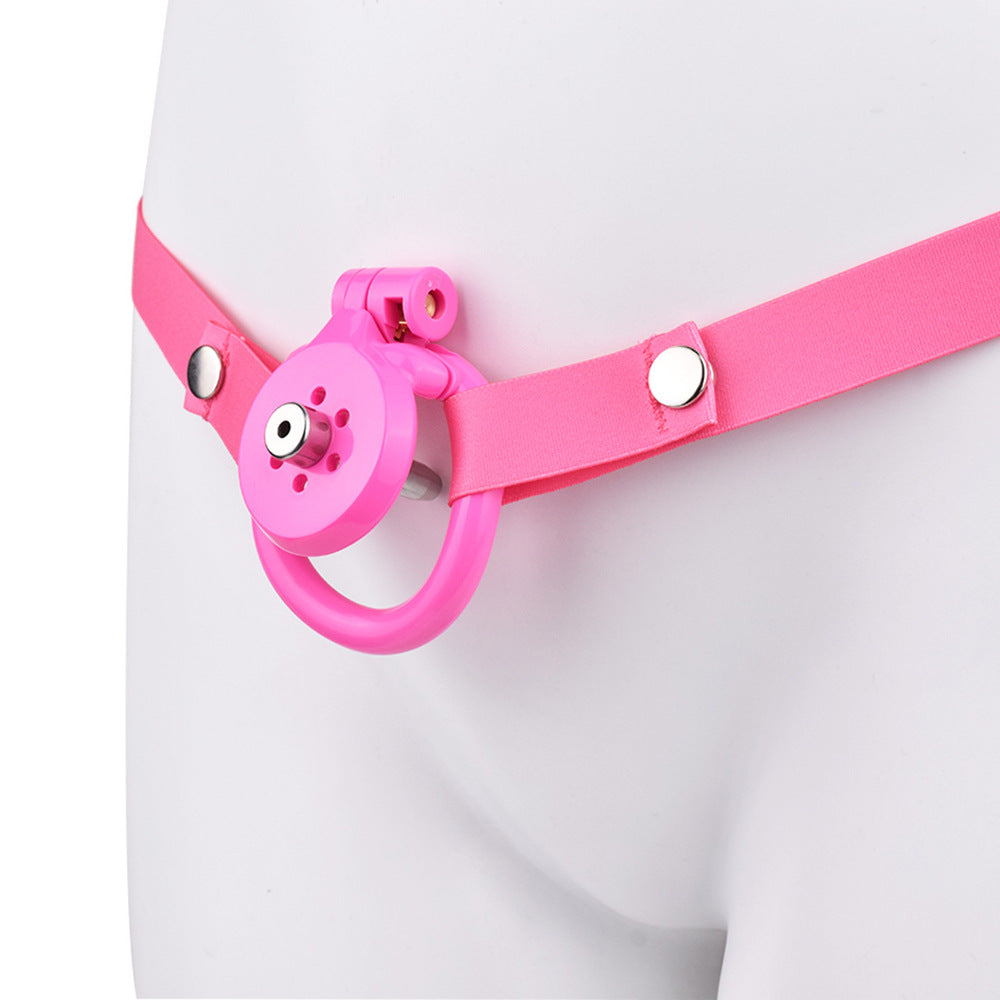 Discreet Flat Chastity Cage with Metal Catheter and Nylon Belt - Pink