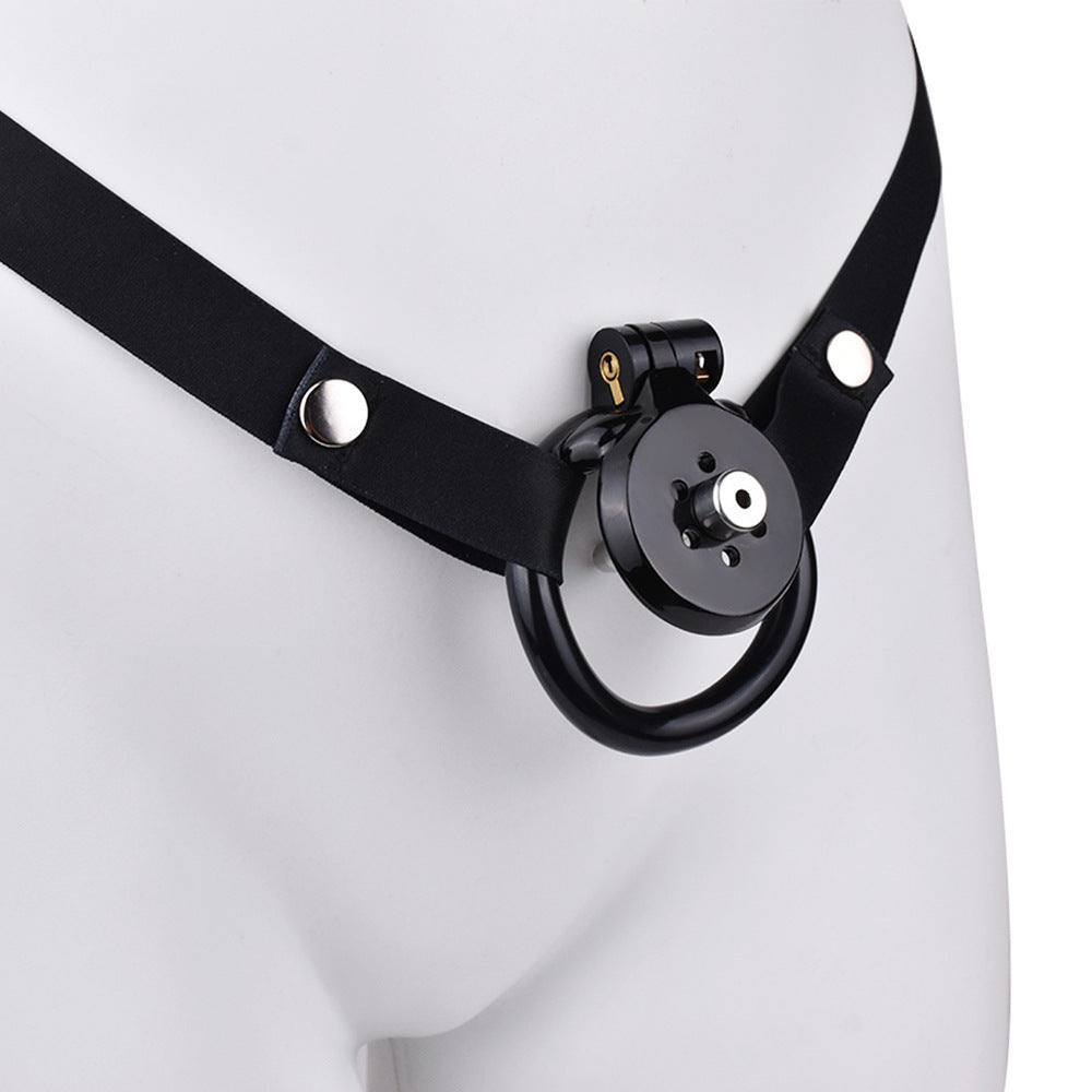 Discreet Flat Chastity Cage with Metal Catheter and Nylon Belt - Black