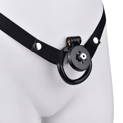 Discreet Flat Chastity Cage with Metal Catheter and Nylon Belt - Black