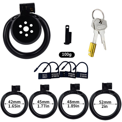 Discreet Flat Chastity Cage with Metal Catheter and Nylon Belt - Black