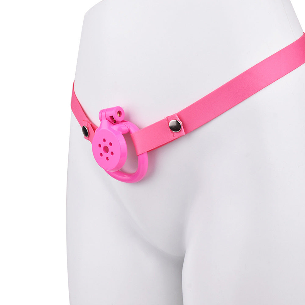 Discreet Flat Chastity Cage with Metal Catheter and Nylon Belt - Pink