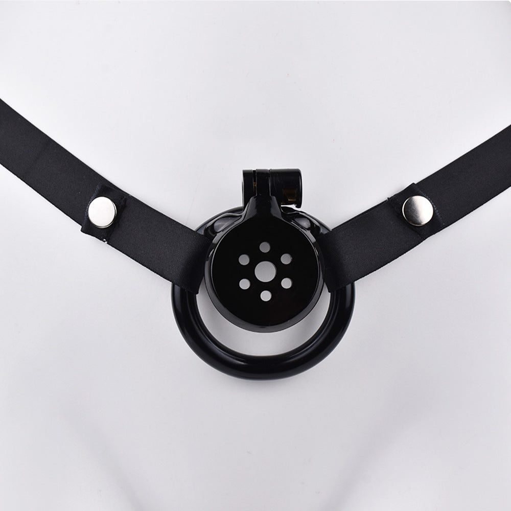 Discreet Flat Chastity Cage with Metal Catheter and Nylon Belt - Black