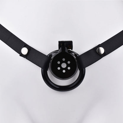 Discreet Flat Chastity Cage with Metal Catheter and Nylon Belt - Black