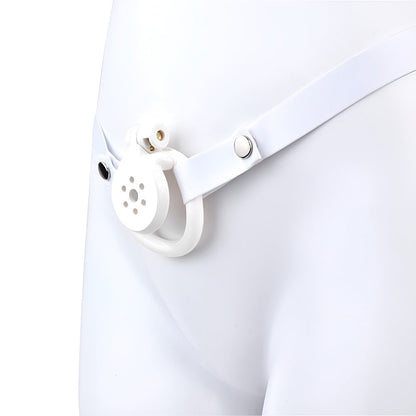 Discreet Flat Chastity Cage with Metal Catheter and Nylon Belt - White