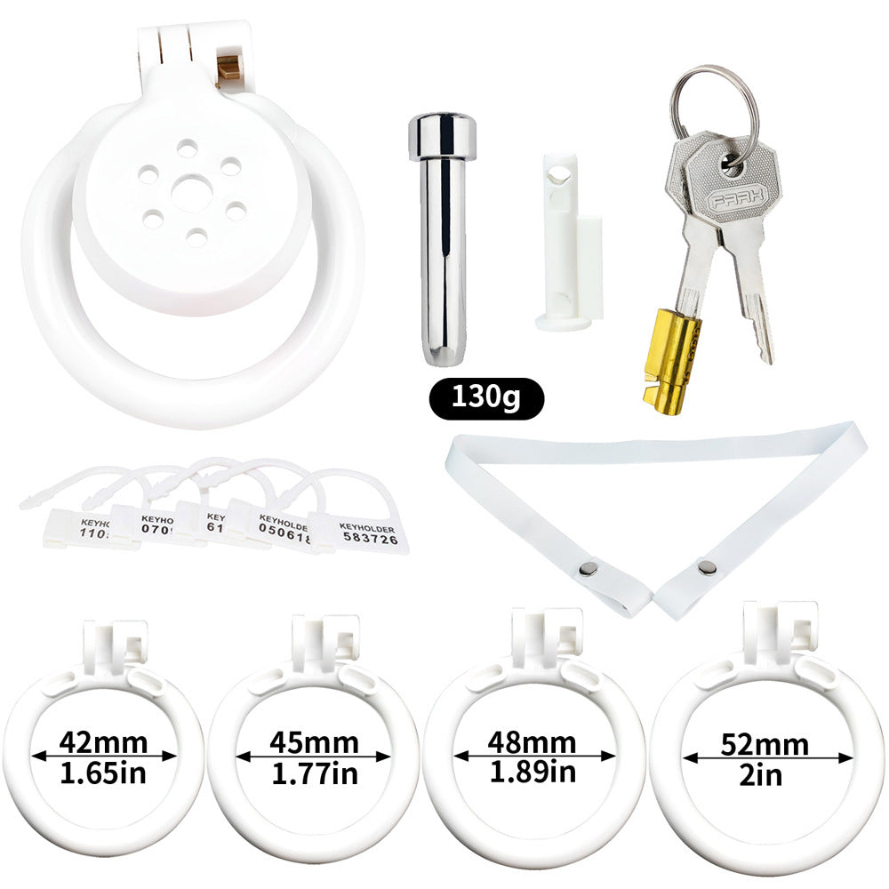 Discreet Flat Chastity Cage with Metal Catheter and Nylon Belt - White