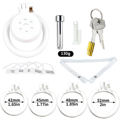 Discreet Flat Chastity Cage with Metal Catheter and Nylon Belt - White