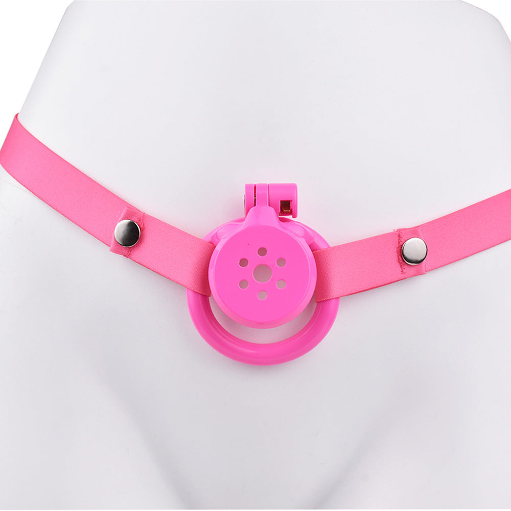 Discreet Flat Chastity Cage with Metal Catheter and Nylon Belt - Pink