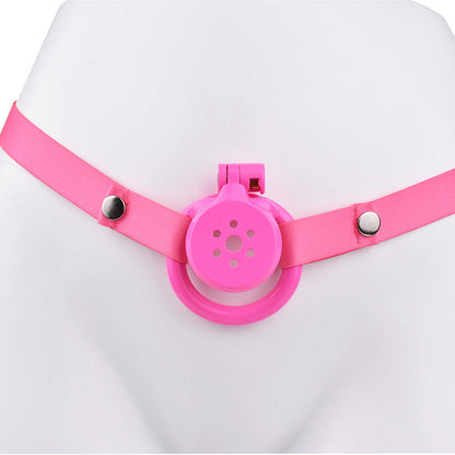 Discreet Flat Chastity Cage with Metal Catheter and Nylon Belt - Pink