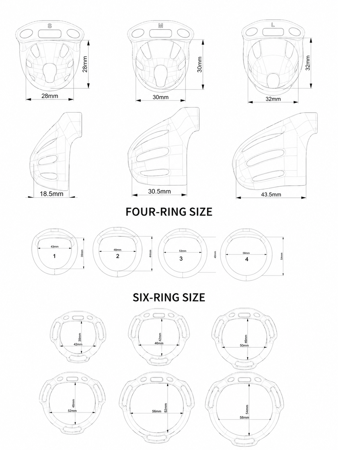Oval ventilated cage and ring size chart in millimeters