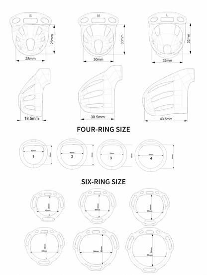 Oval ventilated cage and ring size chart in millimeters
