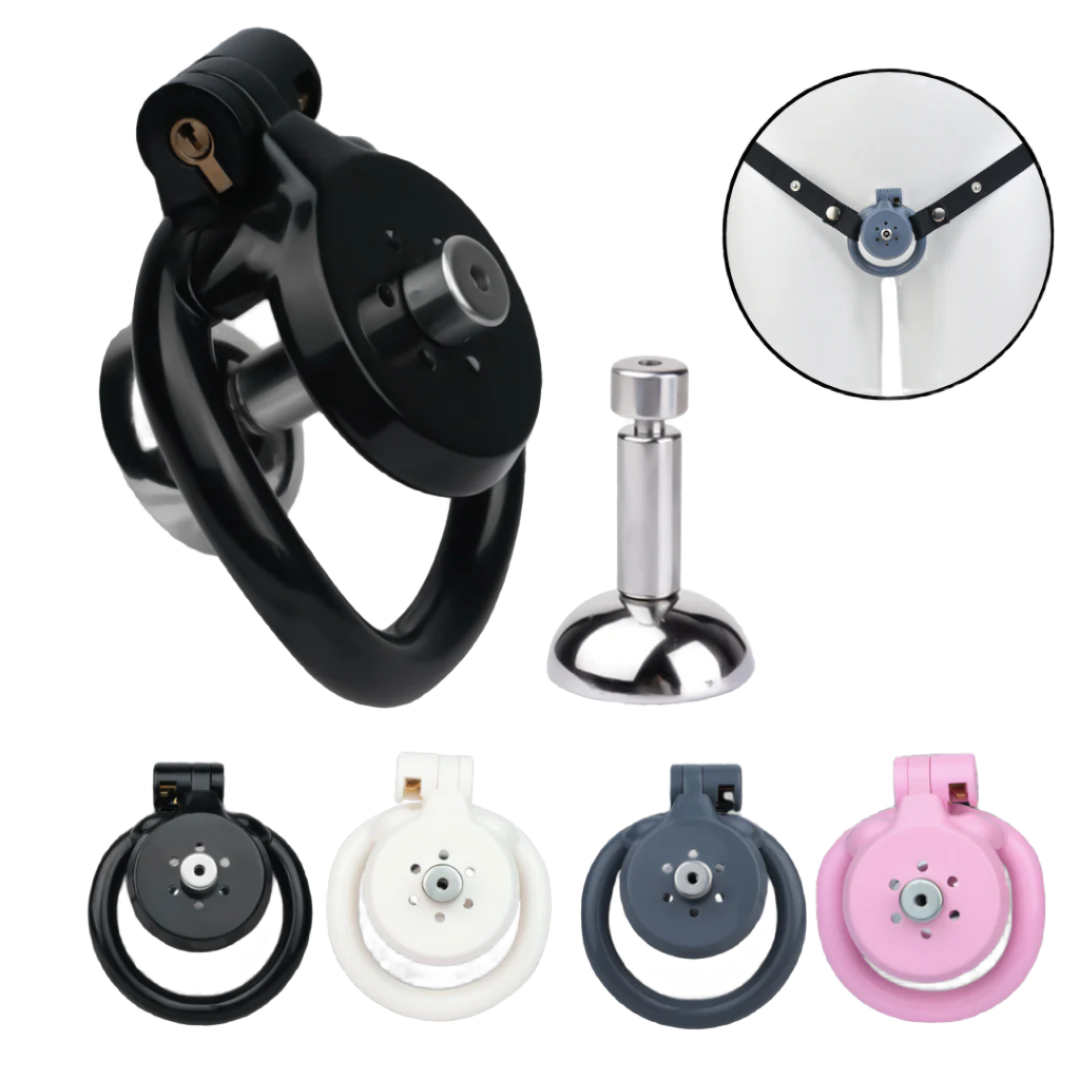 Flat Resin Chastity Cage with Inverted Plug & 4 Base Rings