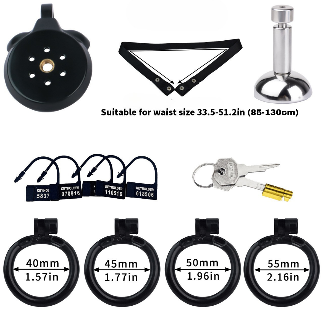 Flat Resin Chastity Cage with Inverted Plug & 4 Base Rings