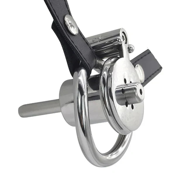 Metal Inverted Male Chastity Cage with Removable Urethral Plug and Belt
