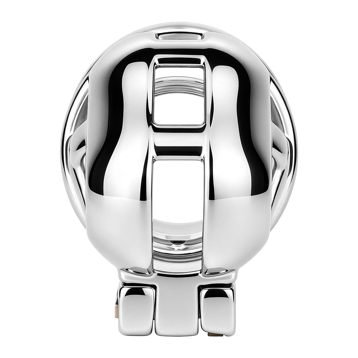 Front view of polished silver Yaokai chastity lock with cutout cage