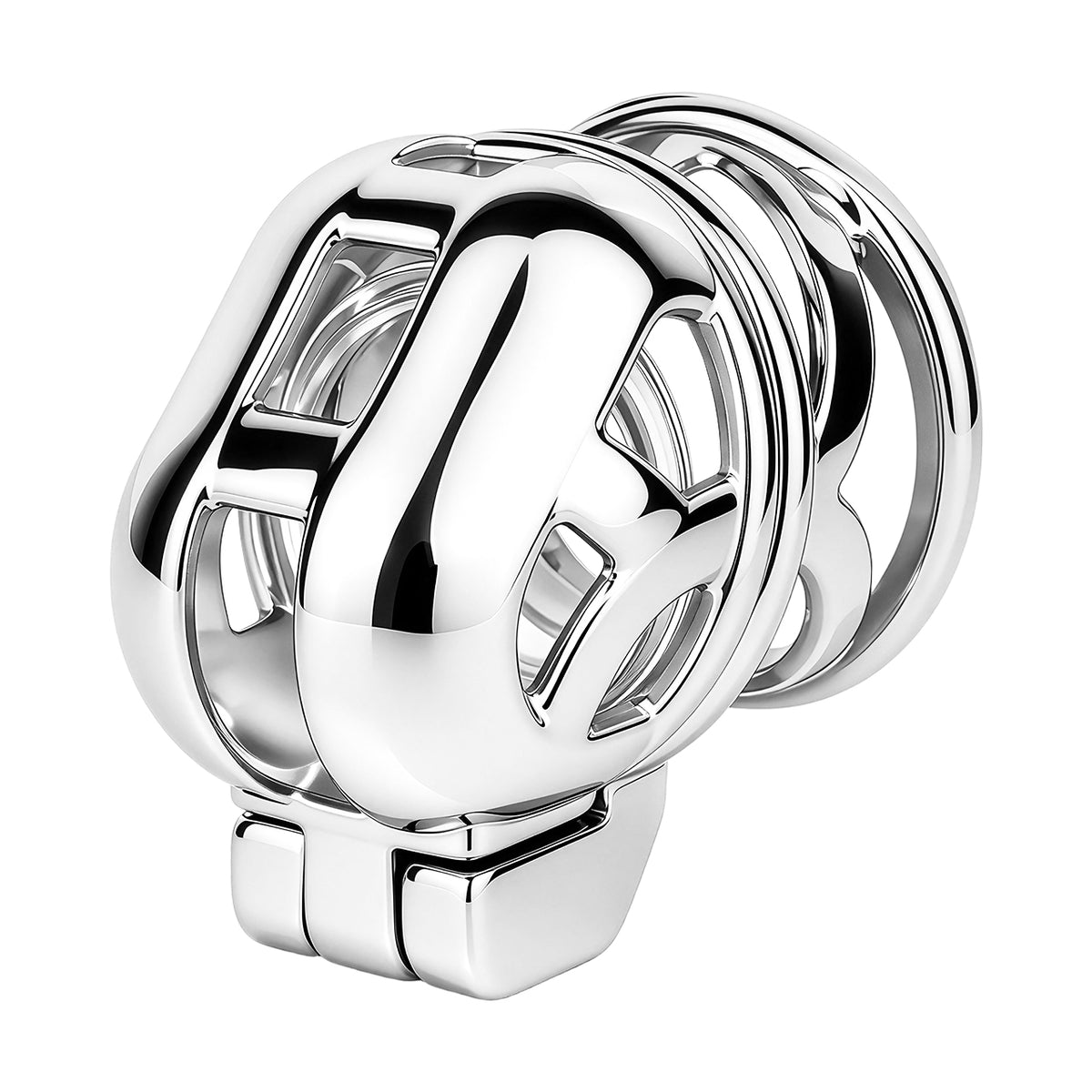 Three-quarter view of Yaokai chastity lock with base ring