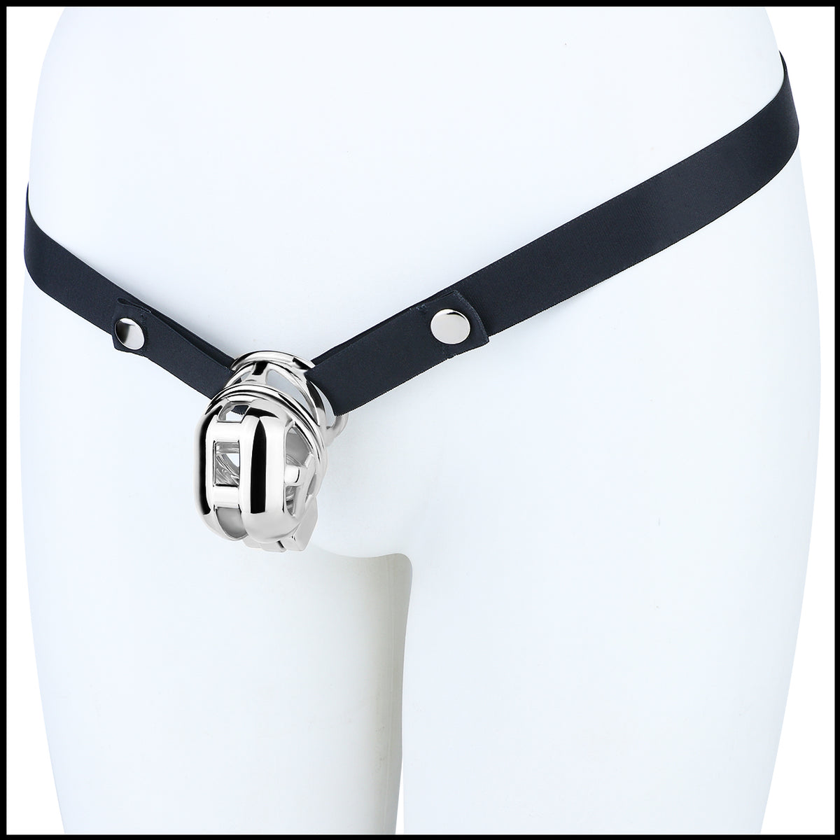 Front mannequin view of Yaokai chastity lock with strap