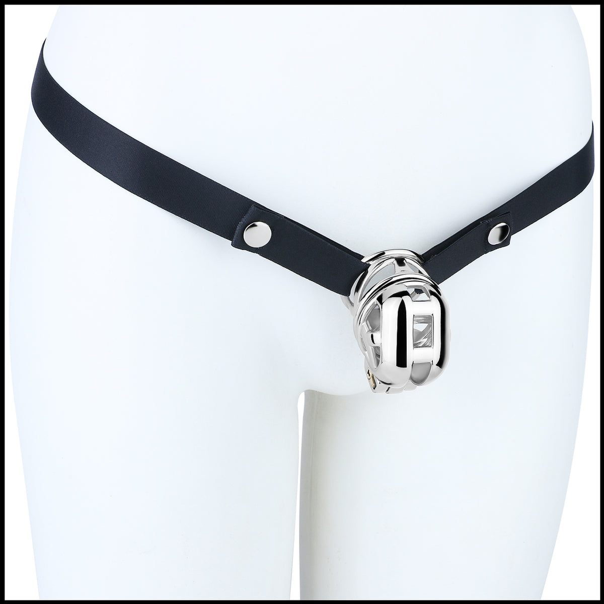 Side mannequin view of Yaokai chastity lock with strap