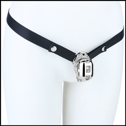 Side mannequin view of Yaokai chastity lock with strap